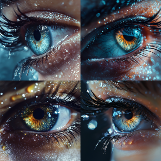 极致眼部特写，银河系瞳孔，长睫毛挂水珠，强光反射，逼真水珠，瞳孔显银河，亮丽，特写镜头，高清晰度，微距摄影，自然光，细节丰富，神秘感，深邃，梦幻。