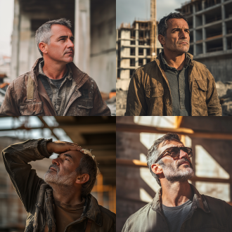 中年男人，背负期望与祝福，工地背景，疲惫但坚定，广角镜头，低角度拍摄，侧光，暖色调，细节清晰，表情坚毅，动作沉重，情感复杂。