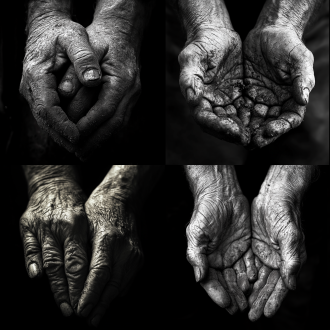 饱经风霜的手，粗糙纹理，特写镜头，黑白摄影，户外，自然光，细节丰富，岁月痕迹，深色调，坚韧感。