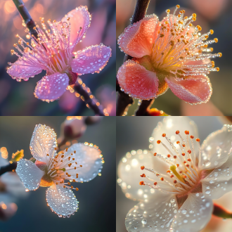 梅花特写，艳丽露水，光照近景，高饱和度，微距镜头，清晨，逆光，露珠晶莹，花瓣细腻，生机勃勃，清新。