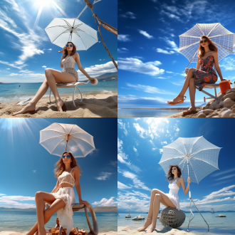 海边美女，比基尼，太阳伞，冰镇水，惬意，沙滩，蓝天，广角镜头，自然光，柔和色调，放松表情，悠闲姿态。
