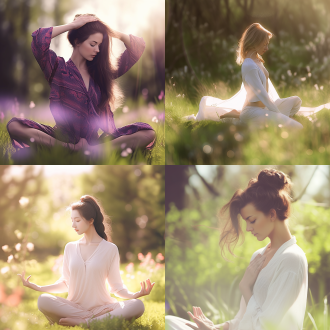 美女做瑜伽，曲线优美，户外自然光，草地上，柔和色调，长焦镜头，逆光，静态捕捉，优雅，放松。