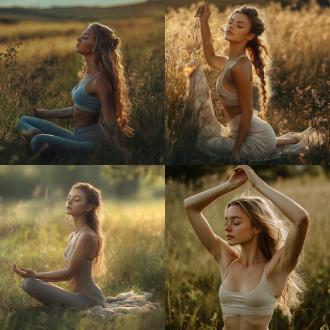 美女做瑜伽，曲线优美，自然光，户外草地，长镜头，柔和色调，平静表情，专注眼神，健康肌肤，和谐氛围。