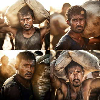 农民工背砂包，逆光，特写，面部表情坚定，汗水直流，正面，高对比度，暖色调，自然光，广角镜头，劳动，坚韧。