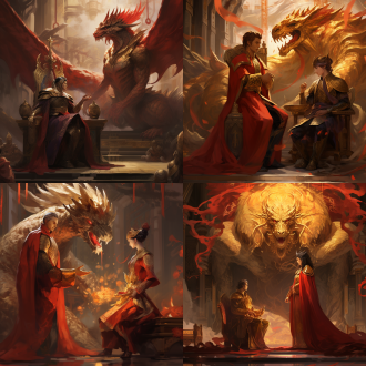 皇帝与太子对峙，宫殿内，金色与红色调，广角镜头，正面光，紧张气氛，龙袍与皇冠，严肃表情，权力斗争。