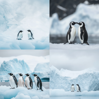 企鹅在北极，冰雪覆盖，极简风格，冰川背景，冷色调，长焦镜头，自然光，静态，孤独，纯洁。