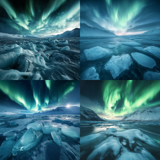北极风光，广阔冰原，极光舞动，冷色调，广角镜头，低角度，自然光，宁静，纯净，神秘。