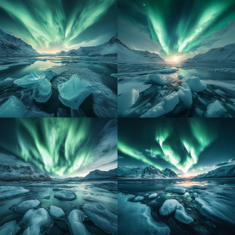 北极风光，广阔冰原，极光舞动，冷色调，广角镜头，低角度，自然光，宁静，纯净，神秘。