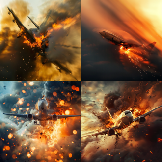飞机坠落，近景特写，火焰喷射，动态模糊，天空背景，冷暖对比，长焦镜头，逆光，高速快门，紧张，危机。