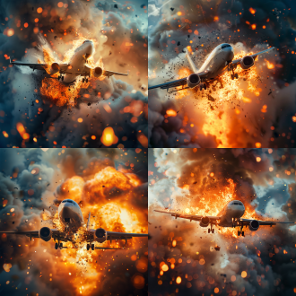 飞机坠落，近景特写，火焰喷射，动态模糊，天空背景，冷暖对比，长焦镜头，逆光，高速快门，紧张，危机。