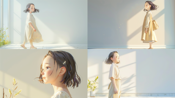 统一角色性，对称构图，极简主义，白色背景，中焦镜头，柔和光线，静态，一致性，和谐，平静。