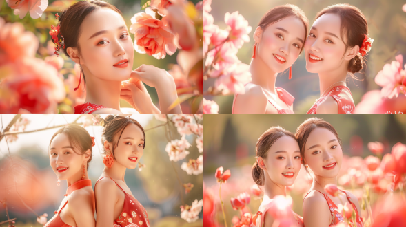 两位美女背景融合，对称构图，柔和光线，户外花园，长焦镜头，自然光，微笑，优雅，和谐，粉色与绿色调，愉悦。