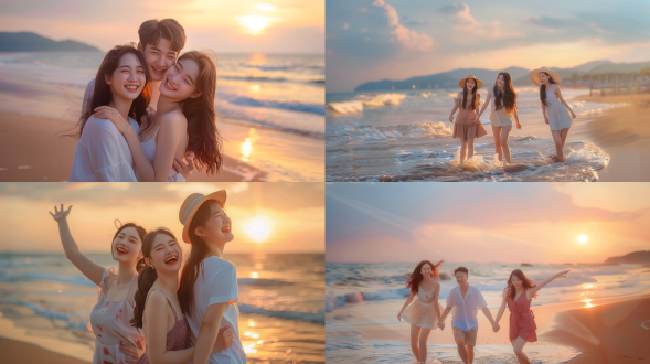 三人融合，大海背景，沙滩，广角镜头，自然光，柔和色调，动态模糊，微笑，和谐，放松。