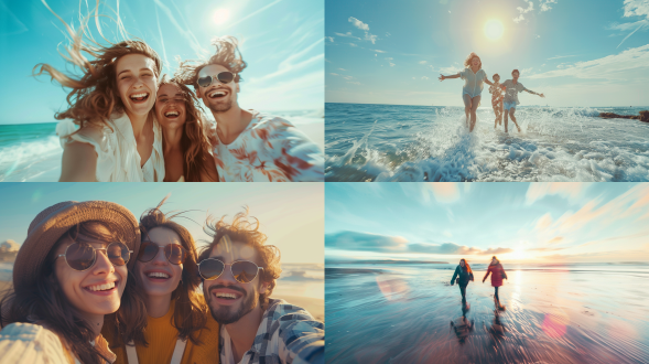 三人融合，大海背景，沙滩，广角镜头，自然光，柔和色调，动态模糊，微笑，和谐，放松。