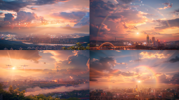 炫彩景色，虚幻缥缈，超现实风格，天空之城，多彩光晕，长焦镜头，柔和光线，慢快门，梦幻，神秘。