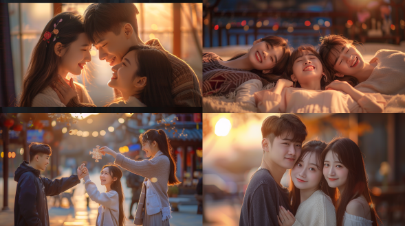 三人拼图，对称构图，温馨氛围，室内环境，柔和光线，标准镜头，正面光，微笑，合作，和谐，暖色调。