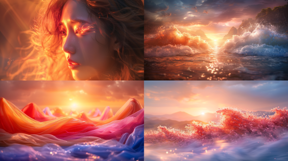 明亮色彩融合，两幅图像交织，抽象风格，光影交错，超现实场景，广角镜头，柔和光线，渐变色彩，梦幻氛围，和谐共存。