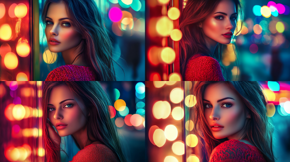 美女侧立，大眼睛，黄昏时分，七彩霞光背景，柔和光线，长焦镜头，逆光拍摄，梦幻氛围，优雅姿态，温暖色调，神秘感。