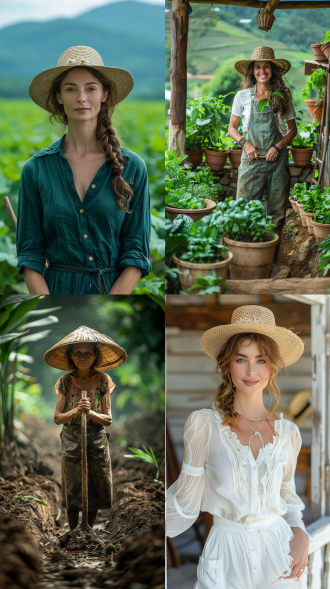 农民妈妈，正面站立，全身照，田野背景，自然光，广角镜头，温暖色调，微笑，朴素衣着，草帽，锄头，希望，勤劳。