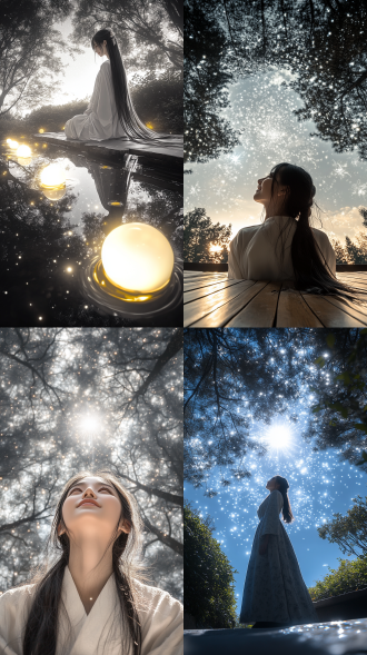 风格化插画，梦幻场景，森林深处，神秘女子，长发飘逸，身着长袍，面带微笑，仰望星空，柔和光线，细腻笔触，超现实主义，奇幻色彩，温暖氛围，仰视视角，广角镜头，柔焦效果，宁静，神秘。