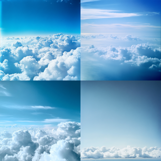 蓝天白云天地一色，广阔无垠，水平线构图，自然风光，柔和光线，长焦镜头，远景，宁静，和谐，蓝色调，白色调，平静。