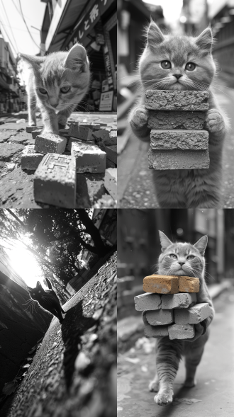 花猫背砖，街头行走，低角度，逆光，黑白摄影，广角镜头，阴影对比，沉重步伐，砖块细节，疲惫表情。