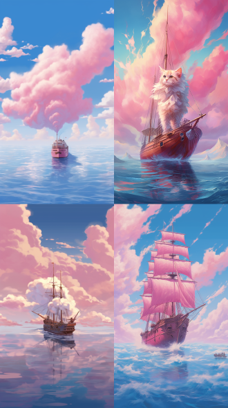 粉红色大轮船航行大海，船头kt猫，粉色烟雾，广阔海面，蓝天白云，远景，柔和光线，广角镜头，高饱和度，梦幻风格，宁静，浪漫。