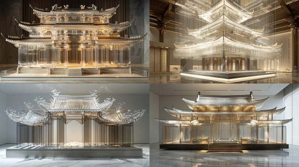 中式建筑结构的雕塑、整体结构简约、东方元素的屋檐、渐变半透明的玻璃材质、通透、自然过渡、下垂、高低错落、层次分明、有方形金属双层底座、高光效果、中国水墨画风、光线穿透空气、分形效果、磷光效果、雕塑艺术品、白色纯色背景、立体感强、细节刻画、艺术品 摄影纪实 极简主义 三维 正视 三分法构图 特写 虚化 对称构图 玻璃 金属漆 氛围感照明 电影灯光 镜头光晕 现代中式 禅宗 金银 奢华金 象牙白 米色 白金 钛 铜 铝合金 金属质感 拉丝金属