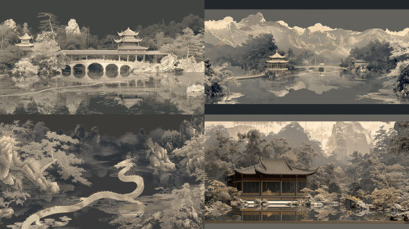 多维雕刻艺术、3d浮雕画、中式园林、深色背景、镀金线条、蓝绿渐变、高清晰度、优雅色彩、立体构图、边缘光反射、高分辨率、高细节雕刻艺术。 蚀刻 构建主义 亭子 全景长卷轴 日式园林 明亮的 珐琅 纸雕 拉丝金属 纱绸 纱线 雕刻