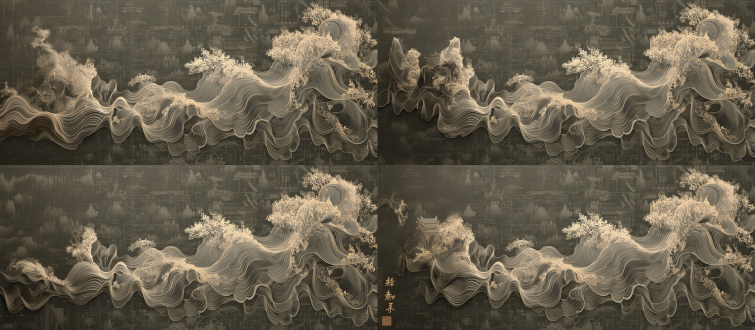 多维雕刻艺术、3d浮雕画、中式园林、深色背景、镀金线条、蓝绿渐变、高清晰度、优雅色彩、立体构图、边缘光反射、高分辨率、高细节雕刻艺术。 蚀刻 构建主义 亭子 全景长卷轴 日式园林 明亮的 珐琅 拉丝金属 纱绸 纱线 雕刻 铜 金属质感 抛光