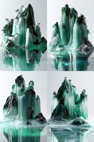 现代中式东方意境雕塑艺术品、透明树脂材质、青山如玉、水清石出、千峰万壑、如诗如画、一个玻璃切割的瀑布山场景，禅宗般的宁静风格，超现实的3d景观，绿色和海蓝宝石、东方极简主义、超现实雕塑、薄雾般的氛围、高度精细刻画山峦层次感、松树意境、纯白色背景、光影 虚幻引擎 oc渲染器 三维 照片写实 水绿 白绿 水晶蓝 蓝绿 浅青 绿松石 玻璃 蓝晶石 祖母绿 轮廓光 高调照明 明亮的 亭子 园林