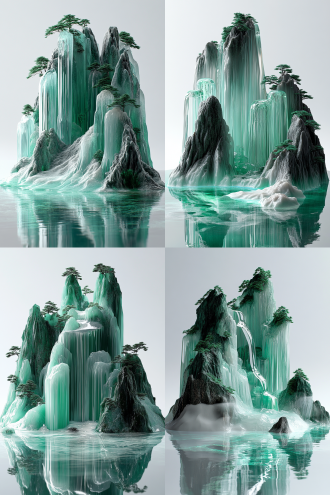 现代中式东方意境雕塑艺术品、透明树脂材质、青山如玉、水清石出、千峰万壑、如诗如画、一个玻璃切割的瀑布山场景，禅宗般的宁静风格，超现实的3d景观，绿色和海蓝宝石、东方极简主义、超现实雕塑、薄雾般的氛围、高度精细刻画山峦层次感、松树意境、纯白色背景、光影 虚幻引擎 oc渲染器 三维 照片写实 水绿 白绿 水晶蓝 蓝绿 浅青 绿松石 玻璃 蓝晶石 祖母绿 轮廓光 高调照明 明亮的 亭子 园林