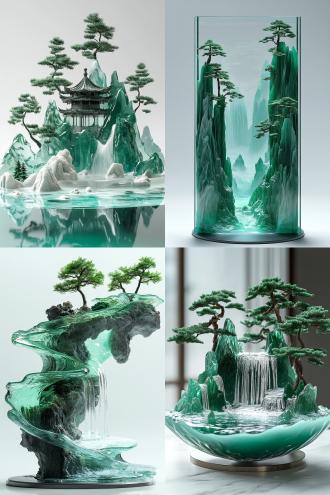 现代中式东方意境雕塑艺术品、透明树脂材质、青山如玉、水清石出、千峰万壑、如诗如画、一个玻璃切割的瀑布山场景，禅宗般的宁静风格，超现实的3d景观，绿色和海蓝宝石、东方极简主义、超现实雕塑、薄雾般的氛围、高度精细刻画山峦层次感、松树意境、纯白色背景、光影、圆盘金属底座 虚幻引擎 oc渲染器 三维 照片写实 水绿 白绿 水晶蓝 蓝绿 浅青 绿松石 玻璃 蓝晶石 祖母绿 轮廓光 高调照明 明亮的 亭子 园林