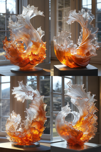 潮水般流动的透明树脂雕塑、造型柔和优美、纯色背景、光影穿透、金属底座、 三维 oc渲染器 金银 白金 日落渐变 玻璃 冰 光纤 琥珀