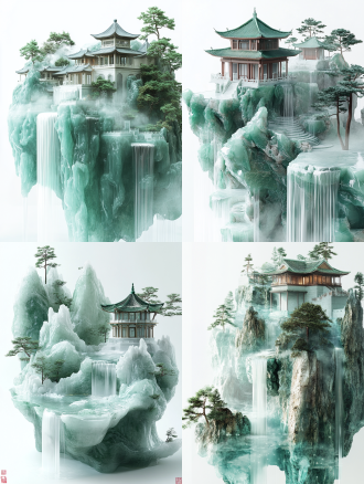 迪奥风格，一幅巨大的卷轴画，由悬挂的玉山、瀑布、发光建筑、松树、中国亭子组成。采用尼克·维齐风格，纯白色背景，倾斜镜头，以cinema4d渲染，顶部装饰为58mm f/1.4，数字增强，