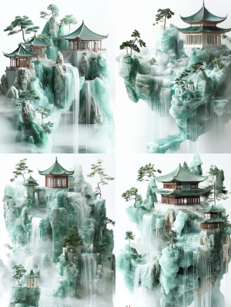 迪奥风格，一幅巨大的卷轴画，由悬挂的玉山、瀑布、发光建筑、松树、中国亭子组成。采用尼克·维齐风格，纯白色背景，倾斜镜头，以cinema4d渲染，顶部装饰为58mm f/1.4，数字增强，