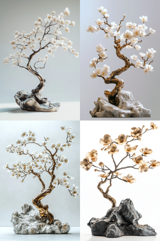 梅花铜雕塑装置、铜太湖石、3d、立体手工制作、金属质感、中国东方写意风格、8k超高质量、纯白色干净背景、冷色调、顶光、静态、写实风格、背光效果、立体感强烈、历史沉淀、文化传承、神秘感、精细雕刻、光影对比、艺术气息。 三维 oc渲染器 正视 全景 钛 黑金 金属漆 雕刻 铝合金 铜 刷铝 金属质感 拉丝金属 高调照明 氛围感照明 明亮的 轮廓光 禅