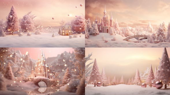 圣诞童话风景摄影，浅棕浅粉金色调，失焦模糊冬季圣诞，层叠构图，欢快庆典，逼真粉天，三分法，柔焦，暖光。