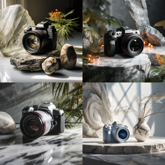 产品摄影，50度角，佳能eos r5，镜头亮，大理石圆盘，树枝背景，相机置于大理石上，树叶背景，艺术定位，明亮窗户光影，高分辨率，自然光，细节丰富，色彩鲜艳，美观逼真。