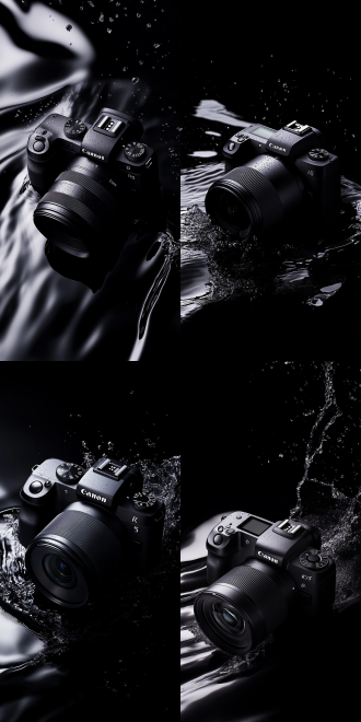 佳能eos r5掉入水面，多个相机，水花四溅，动态捕捉，高速快门，水滴细节，反射光，阳光充足，广角镜头，自然环境，高光细节，产品拍摄，产品打光突出，突出产品，专业感。