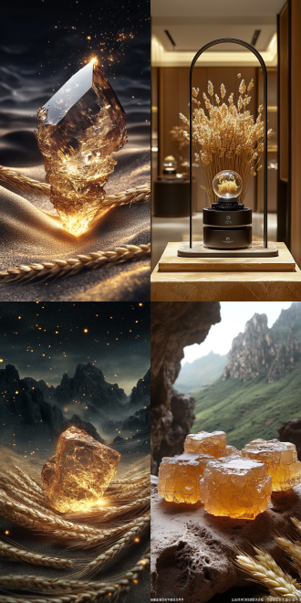 相机佳能eos r5，水晶连接平台，水晶周围长麦穗，相机放在黄水晶上，山洞内景，黄色渐变背光，高光细节，自然光，广角镜头，神秘氛围，金色光芒，宁静感。