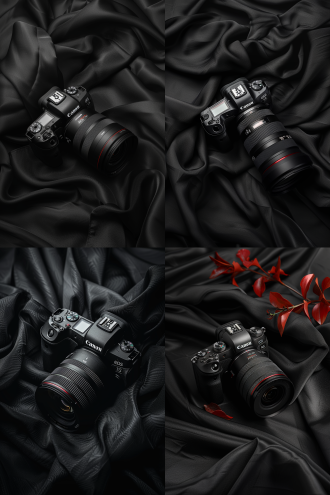 黑背景，黑布料，佳能相机eos r5，黑木桌，镜头反光，产品打光，静物摄影，极简主义，高光细节，柔和光线，专业感，哑光质感，突出相机，桌面摆放，暗色调，专业摄影，细节清晰，光线均匀。