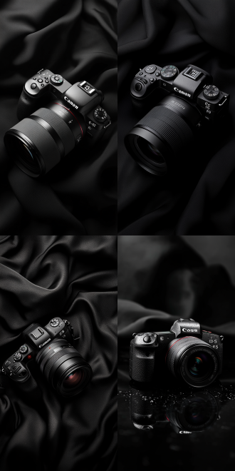 黑背景，黑布料，佳能相机eos r5，黑木桌，镜头反光，产品打光，静物摄影，极简主义，高光细节，柔和光线，专业感，哑光质感，突出相机，桌面摆放，暗色调，专业摄影，细节清晰，光线均匀。