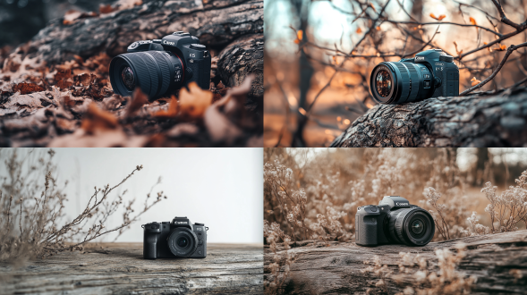 白色背景，木头，树枝，木头上面放着黑色佳能eos r5，广角，明亮光线，自然光，暖光，柔和色调，温馨氛围