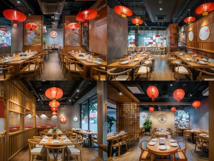 江湖菜餐厅，复古装饰，木质桌椅，红灯笼，热闹氛围，厨师忙碌，顾客品尝，中式风格，暖光照明，广角镜头，动态模糊，鲜艳色彩，满足感。