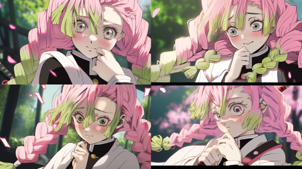 4k画质，动作，炫彩背景，明亮色彩，微笑，明亮而柔和的光线，细节丰富，日式建筑，广阔的构图，手拿武士刀，酷酷动作，粉绿色头发，阳光，广角镜头