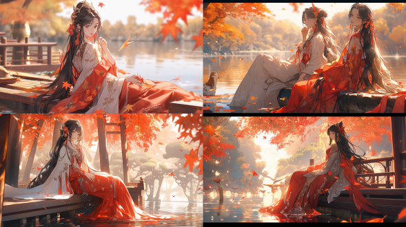 4k画质，柔和光线，丰富细节，中式建筑，湖边美女，坐姿，表情淡然，飘起来裙边，湖边密林，落叶，阳光折射，阳光透亮，红色落叶，风景优美