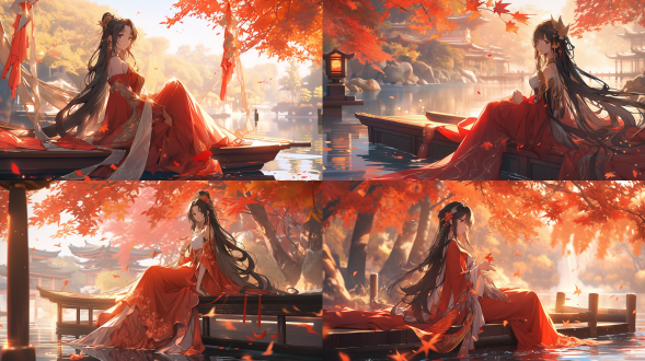 4k画质，柔和光线，丰富细节，中式建筑，湖边美女，坐姿，表情淡然，飘起来裙边，湖边密林，落叶，阳光折射，阳光透亮，红色落叶，风景优美