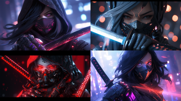 8k画质，动漫女主，赛博朋克风格，多彩亮丽，女主拿着武士刀，准备战斗，柔和光线，细节丰富，电影般的，欧普艺术/光效应艺术，背后是战斗遗志，清晰的面部特征，身体散发光芒，刀散发剑气，手臂手指更细节，远景，人物缩小