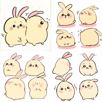 设置表情包，全身，可爱，活泼，卡通风格，情绪化，独立的ui设计应用图标uinterface新颖，细节简单，背景简单，不同动作，不同姿势，黄色身体，兔子耳朵